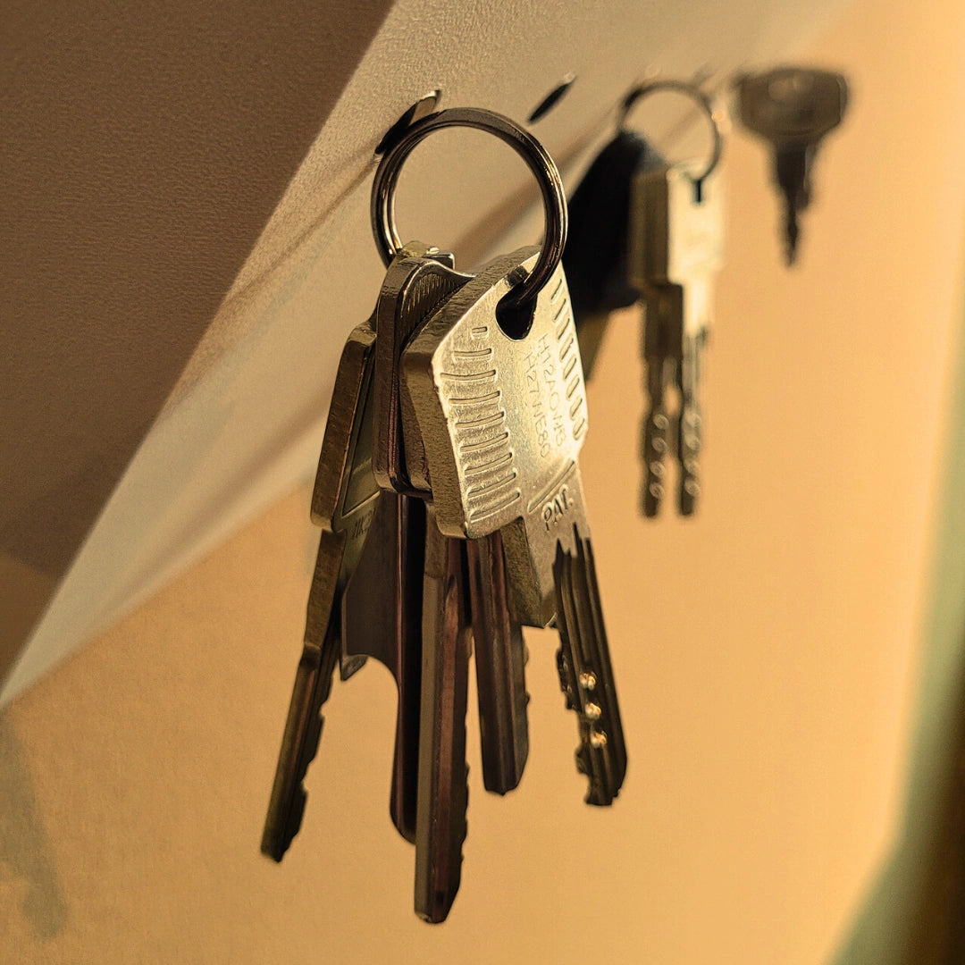 Detailaufnahme eines Schlüsselbunds am weißen Treeboard, minimalistischer magnetischer Schlüsselhalter für den Flur