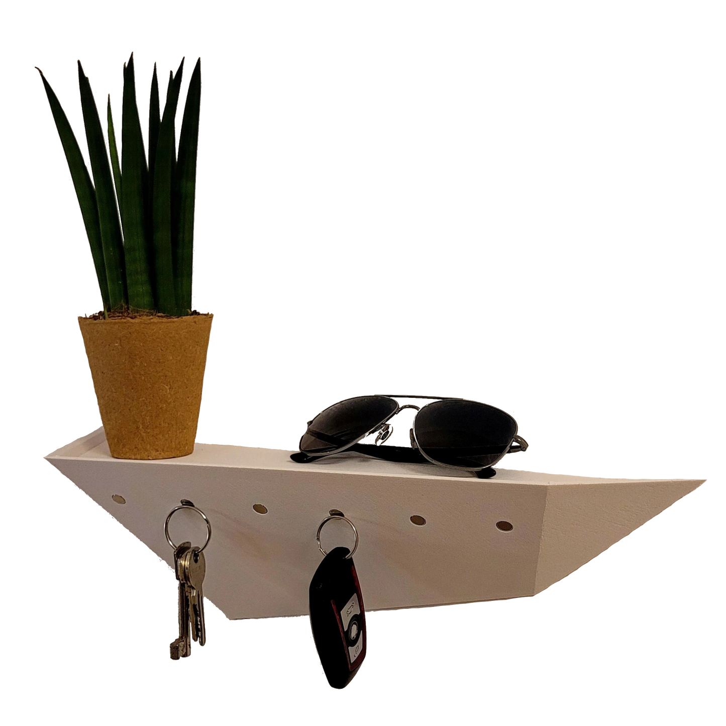 Treeboard Designer Schlüsselbrett in Weiß – Seitenansicht rechts mit Schlüsselbund, Brille und Dekoblume, funktionale magnetische Halterung, modernes Wandaccessoire für Flur und Büro, hochwertiges Interior Foto, Made in Germany.