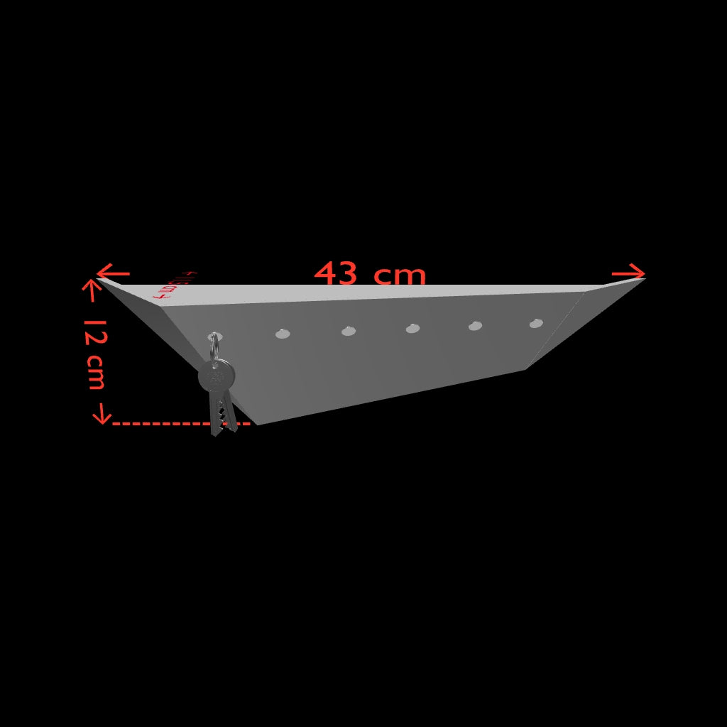 3D-Modell: Geometree Treeboard Schlüsselbrett mit Schlüssel und Bemaßung.
